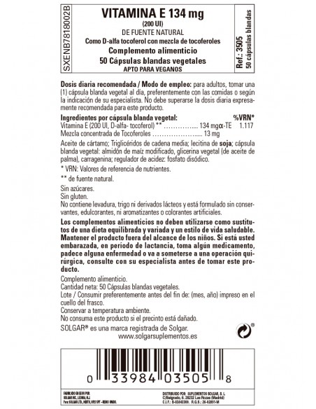 SOLGAR VITAMINA E 200 UI. (134 MG.)